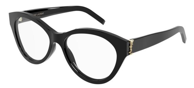 Grande lunette de vue à la monture noir et petit ornements or de la marque Saint Laurent
